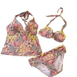 Victoria’s Secret Heavenly 3PC Fold Over Paisley Bikini Tankini M Halter Style